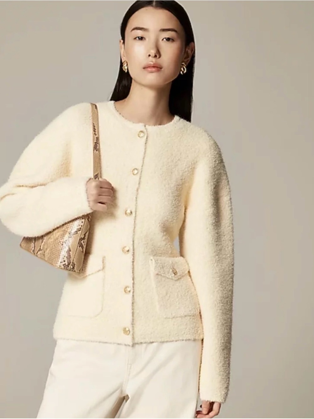 J. Crew Cream Bouclé Teddy Jacket with Gold Buttons